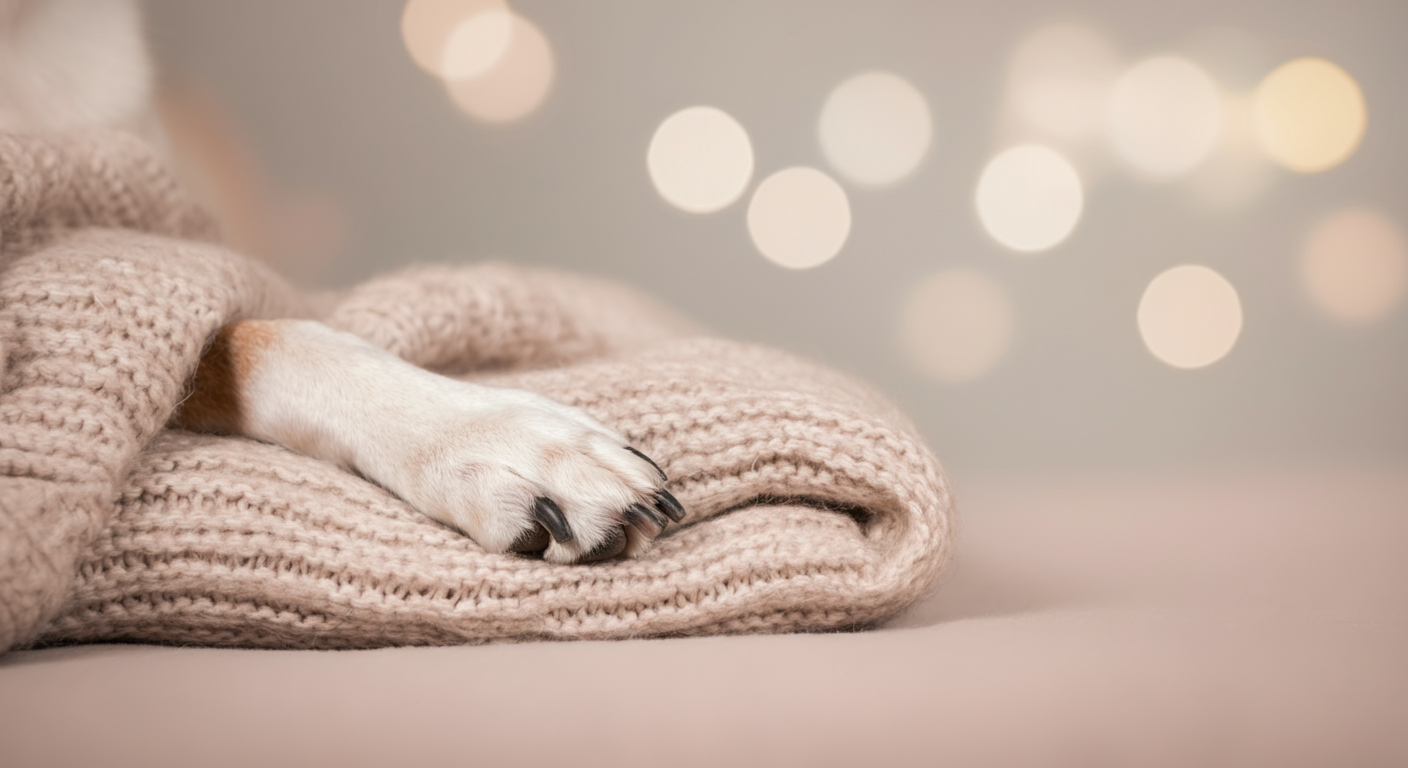 パステルカラーの柔らかなニットブランケットの上に、シニア犬の足が優しく置かれている。