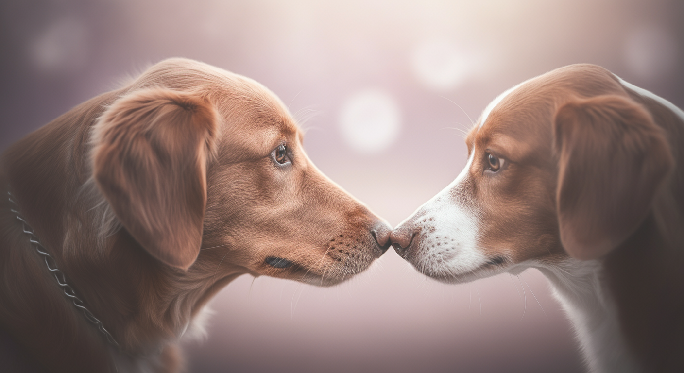 背景が美しくぼやけた中で、二匹の犬の鼻先が優しく触れ合っている抽象的な写真。