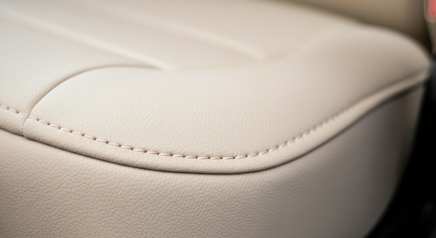クリーム色の高品質なフェイクレザー製シートカバーの、美しいステッチとミニマルな縫い目に焦点を当てたディテール写真。