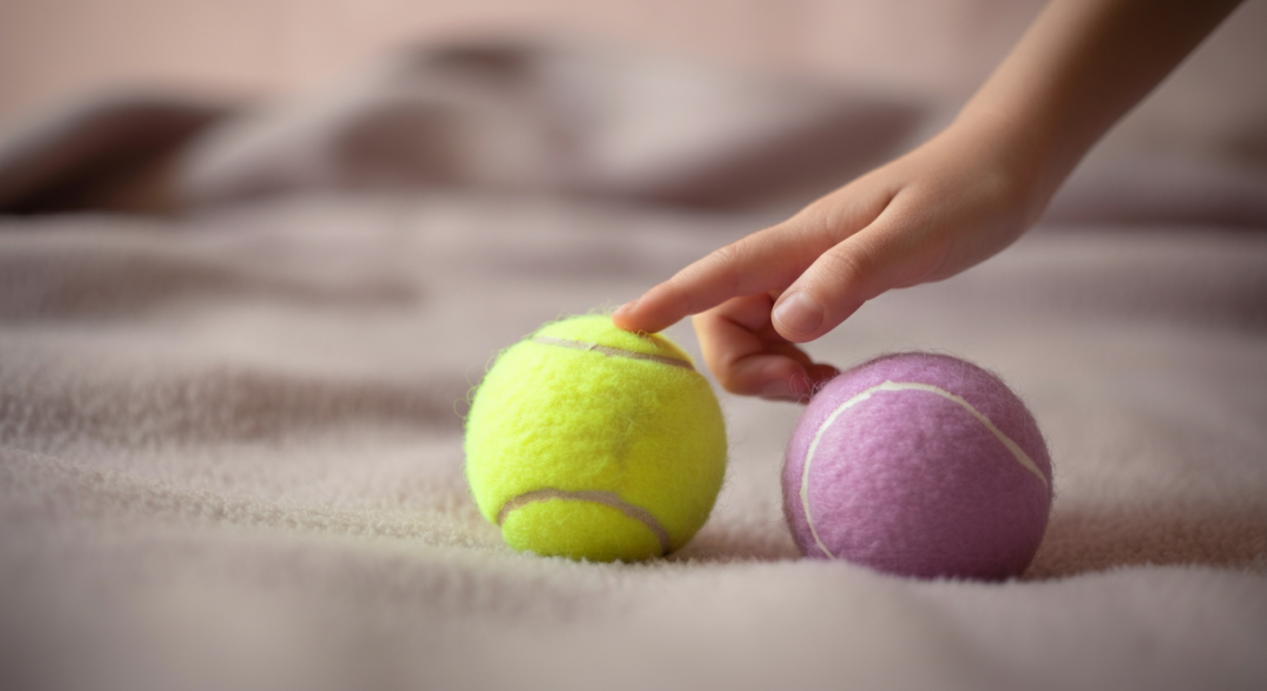 柔らかいブランケットの上で、一つのテニスボールが別の色のボールにそっと触れている写真。一対一の穏やかな交流を象徴している。