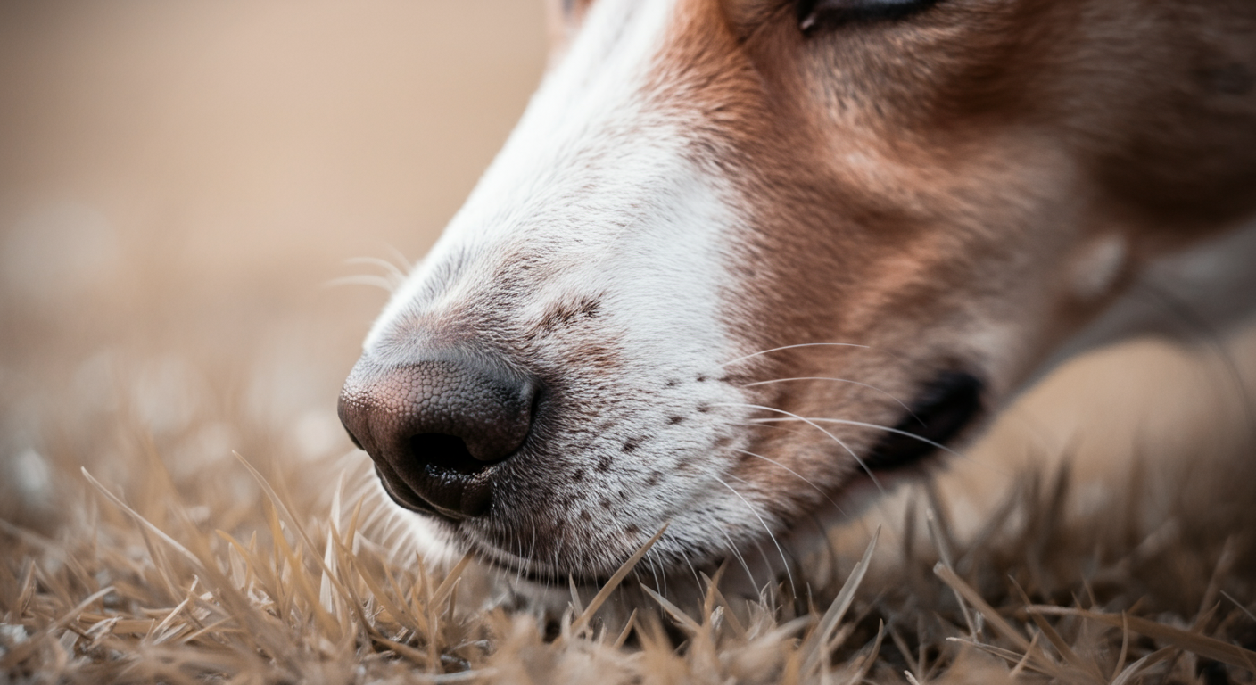 地面の匂いを嗅ぐ犬の鼻をマクロ撮影した、質感豊かなクローズアップ写真。