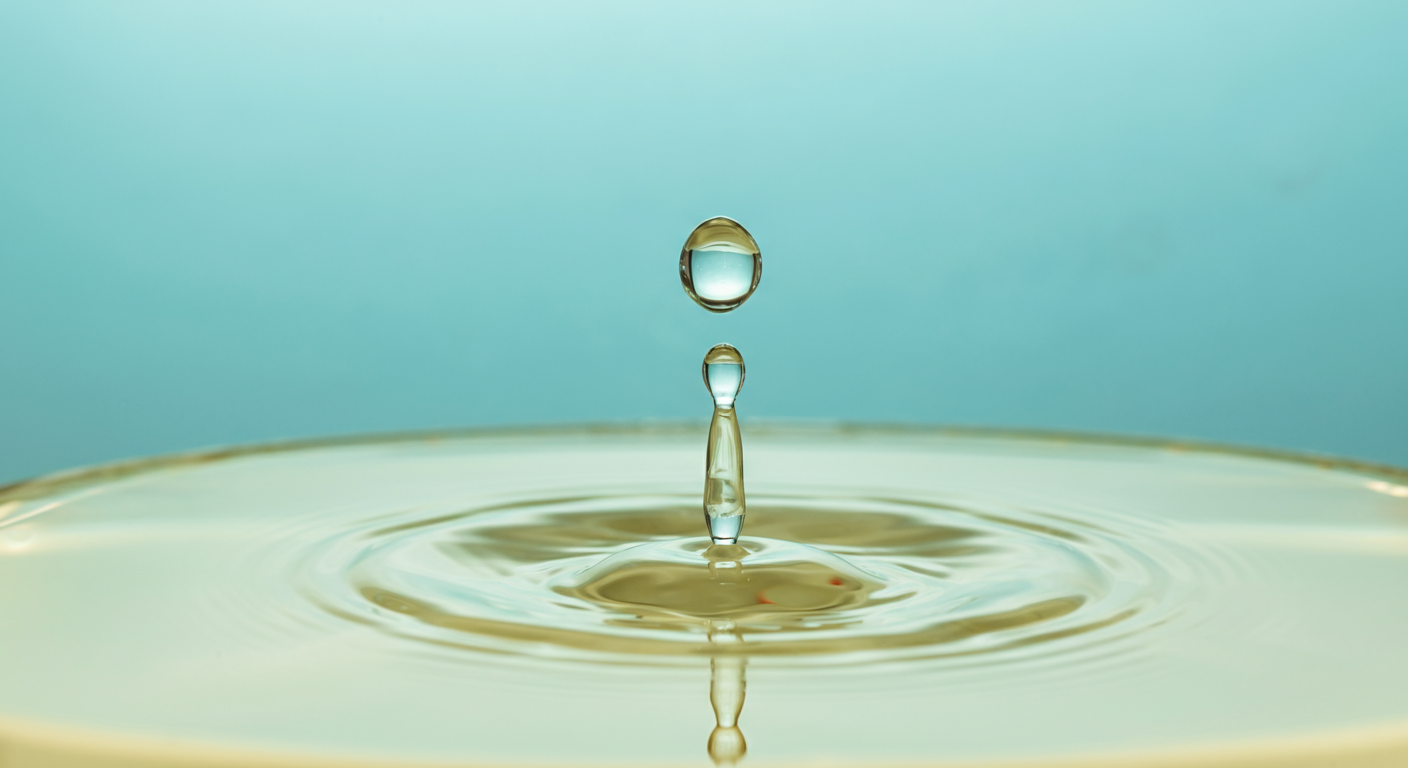 淡い黄色の水面に透明な液体が一滴落ち、波紋が広がっている様子。アンモニアの中和を表現。