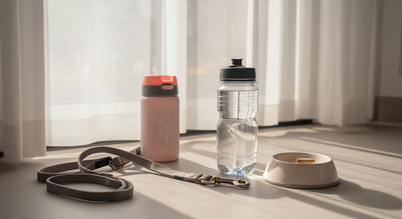 窓からの朝日が差し込む中、お出かけ用のリード、水筒、サプリの入ったボウルが準備されている。