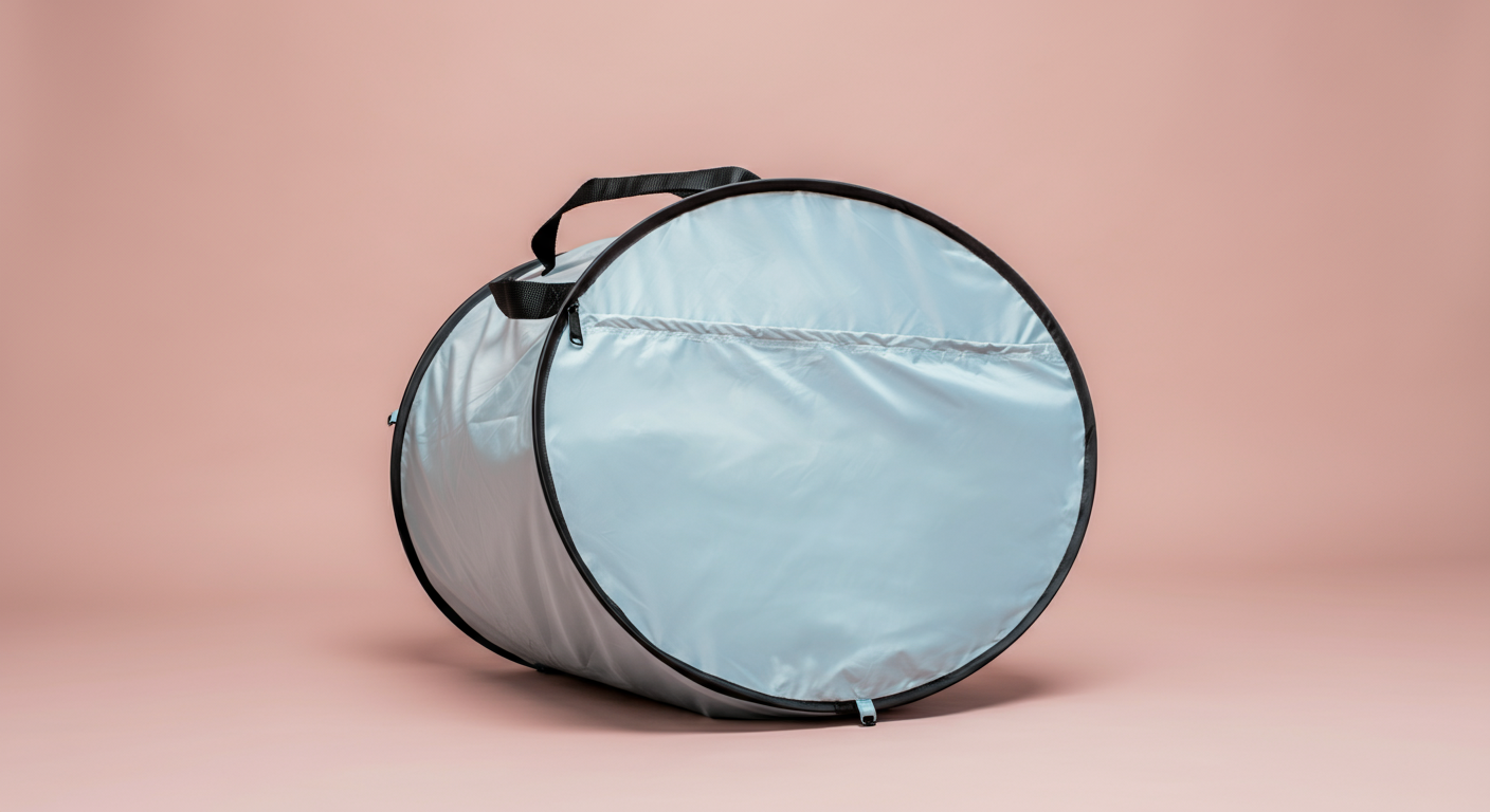 コンパクトに収納されたポップアップテントの丸いキャリーバッグのアップ