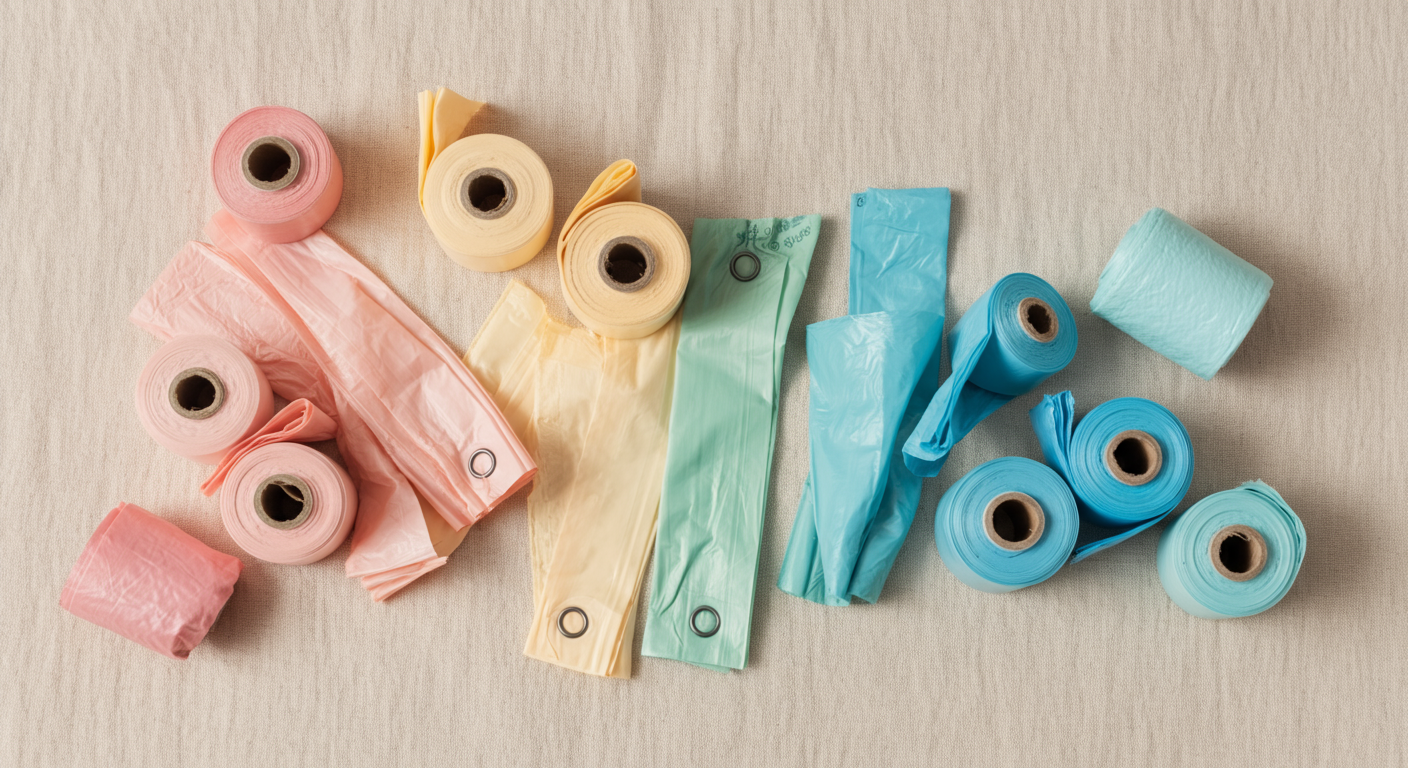 様々なパステルカラーのうんち袋ロールが、カラーサンプルのように美しく並べられたフラットレイ写真。