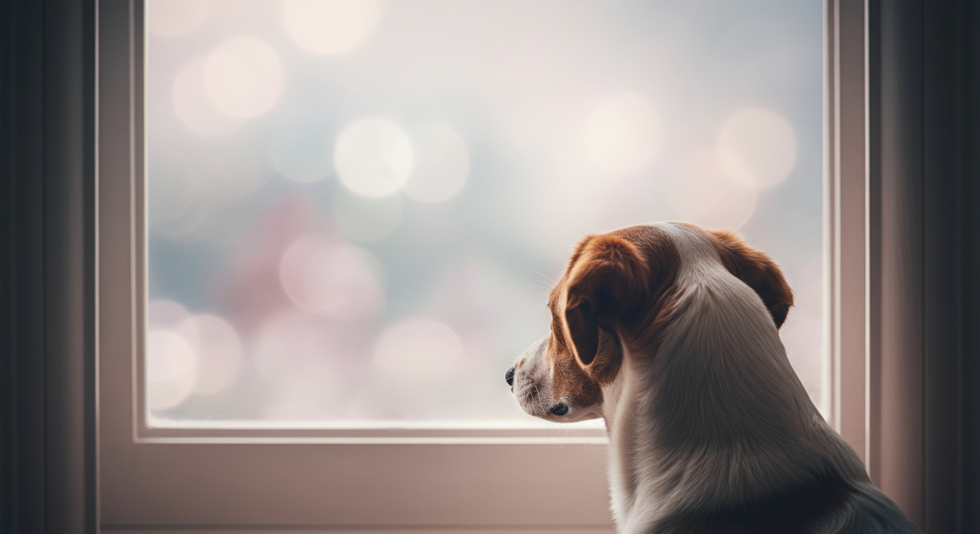 窓から遠くのぼやけた景色を眺めている犬のシルエット。安全な場所からの観察を表現している。