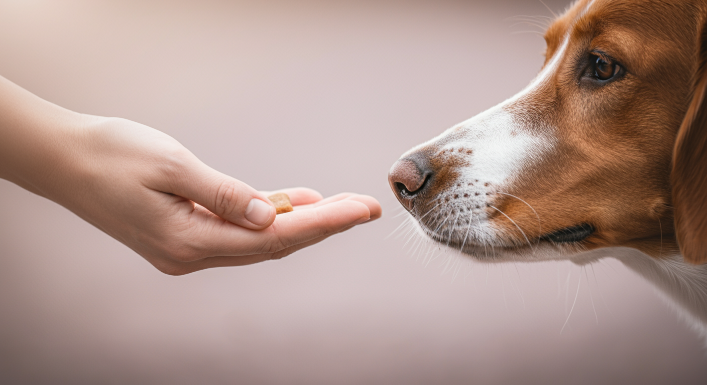 犬の鼻先と、おやつを与えようとしている人間の手の間の空間に焦点を当てた写真
