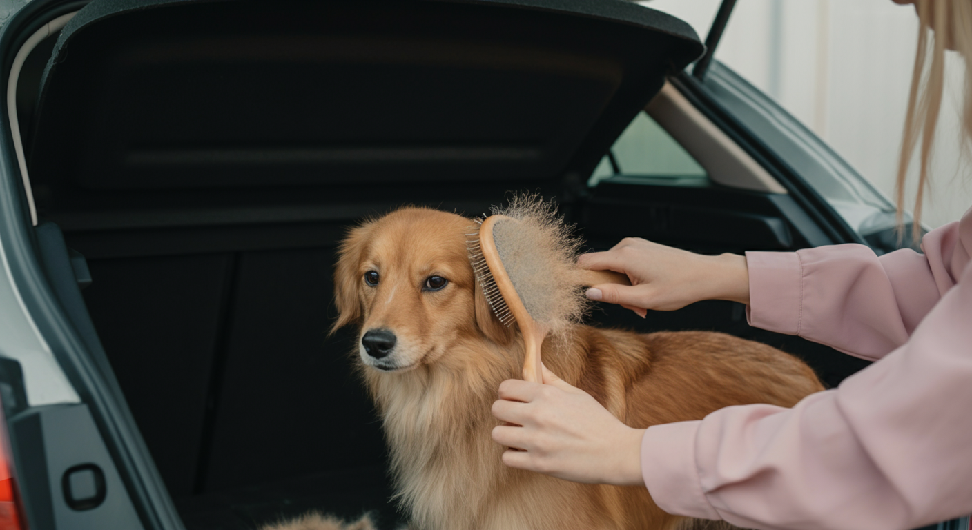 パステルカラーのトーンで、開いた車のトランクの中で人が犬にブラッシングをしている様子の写真。プライベートな空間でのケアを表現。