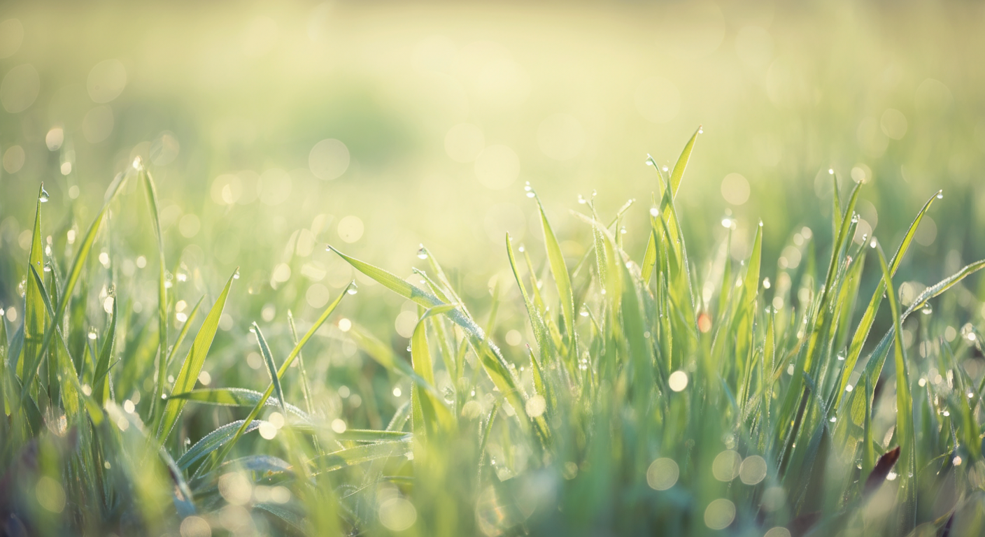 朝露に濡れてきらめく青々とした芝生のクローズアップ