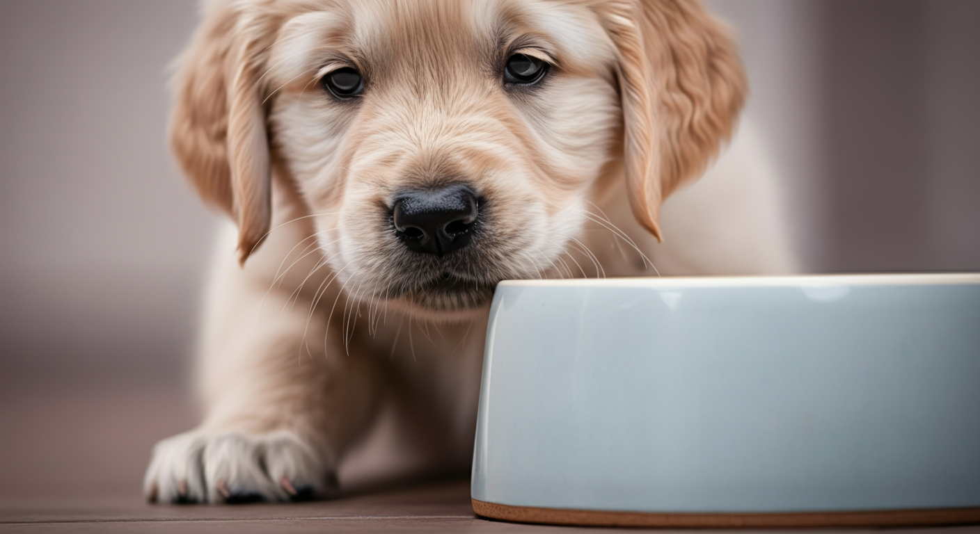 パステルカラーのミニマルな空間で、子犬がきれいなセラミック製の水飲みボウルの匂いを嗅いでいる様子。
