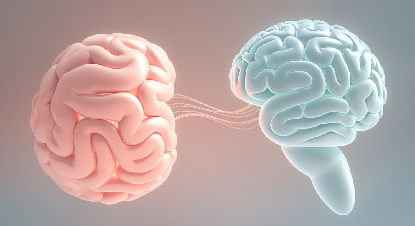 パステルカラーの背景で、輝く糸で結ばれた二つの抽象的な光の球。腸と脳のつながりを象徴している。