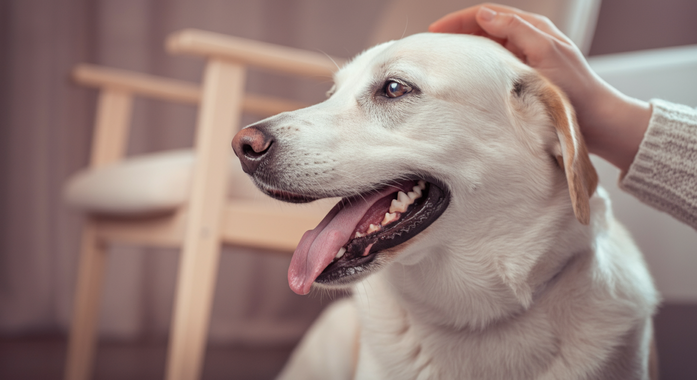 椅子のそばで休憩し、飼い主に優しく撫でられている犬。興奮をクールダウンさせている様子。