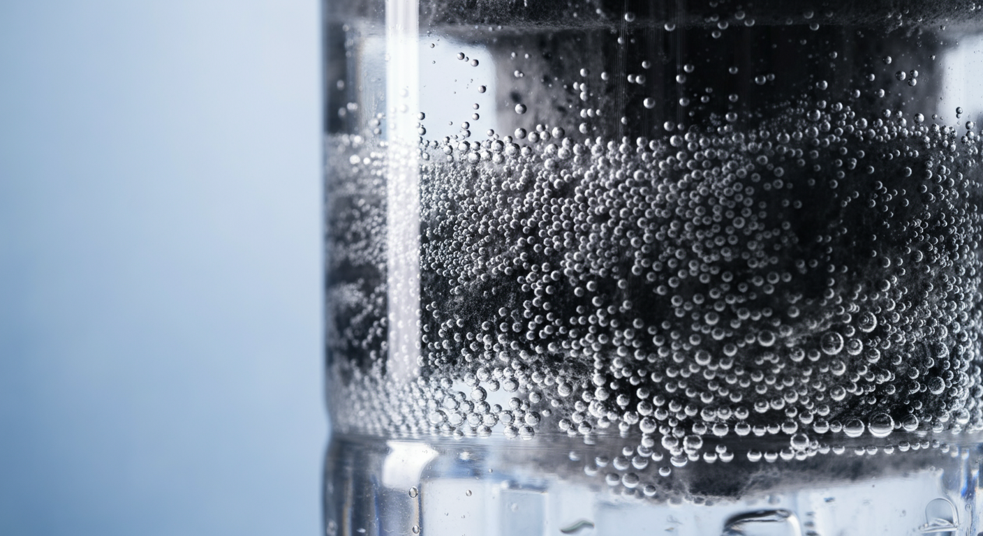 給水ボトルに内蔵された浄水フィルターを、水と気泡が通過していく様子のマクロ撮影。