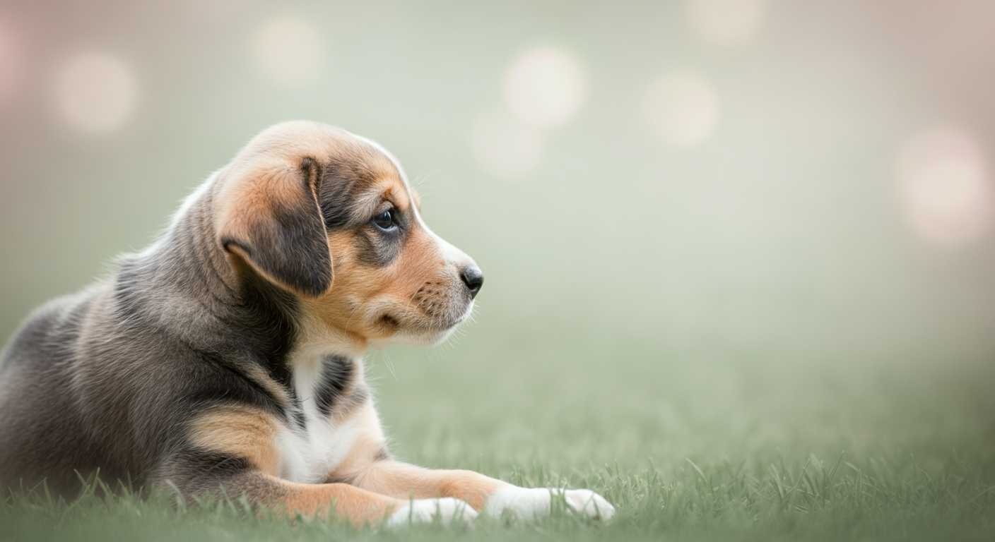 背景が美しくぼやけた緑の芝生の上で、静かに休んでいる子犬の横顔。
