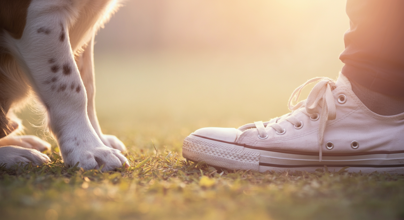 信頼と安全な基地を象徴する、飼い主の足の横に置かれた犬の足。