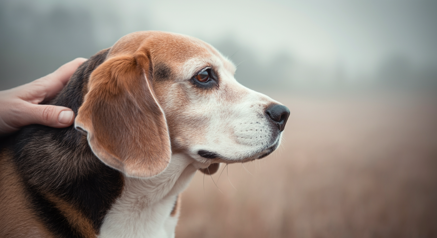 飼い主の手に優しく撫でられ、落ち着いた表情で遠くを見つめるシニア犬の後ろ姿。