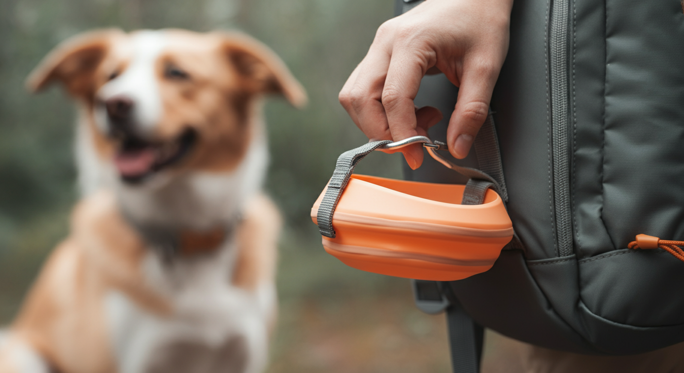 カラビナでバックパックに付けられたオレンジ色の携帯ボウルを持つ手