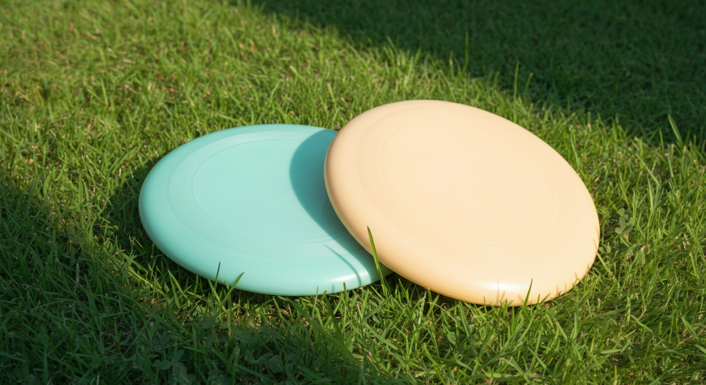 芝生の上に仲良く並んだ2色のフリスビー。協調性と平和的な解決を象徴している。