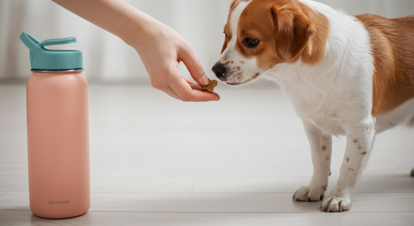 飼い主の手のひらからおやつをもらう犬。背景には給水ボトルがぼんやりと見える。