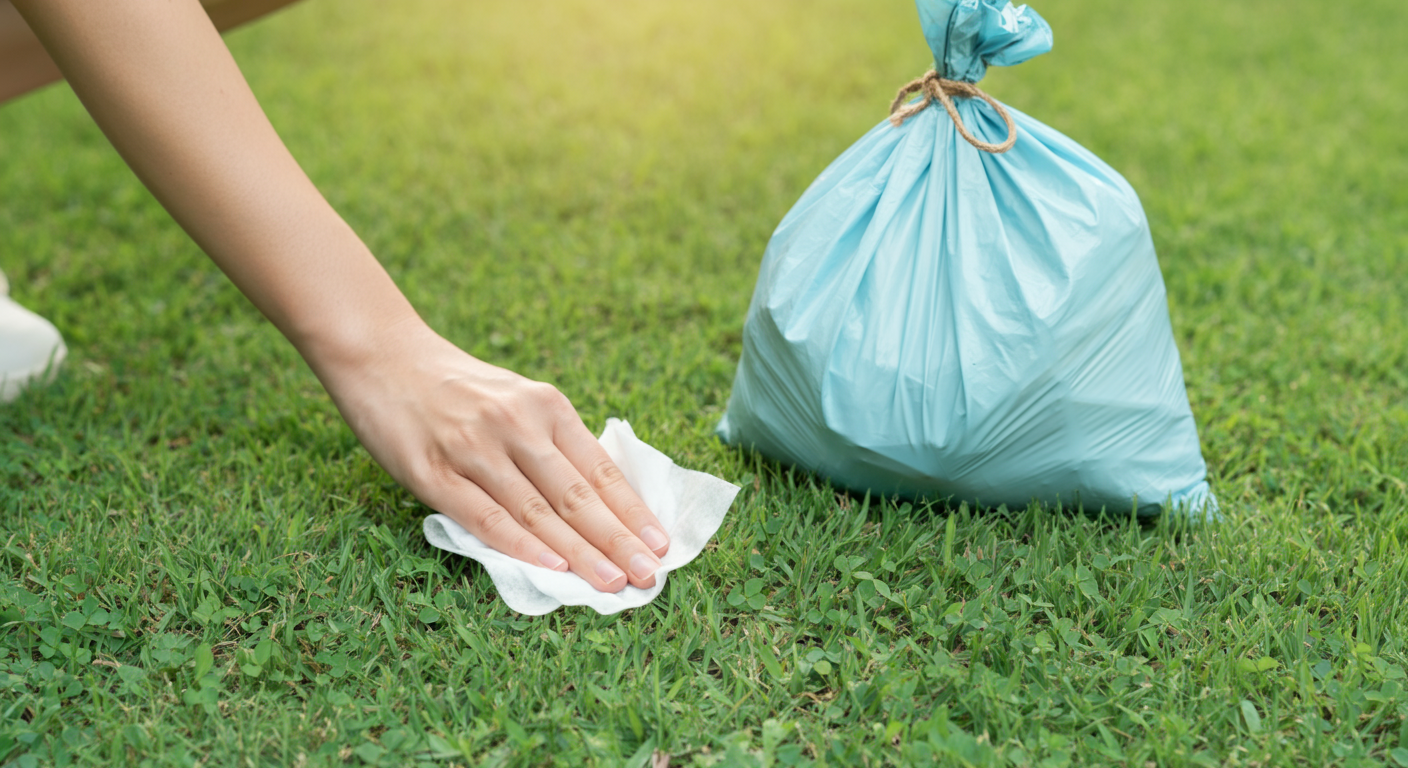 排泄物を処理した後、飼い主がウェットティッシュで地面を拭いている手元のアップ。