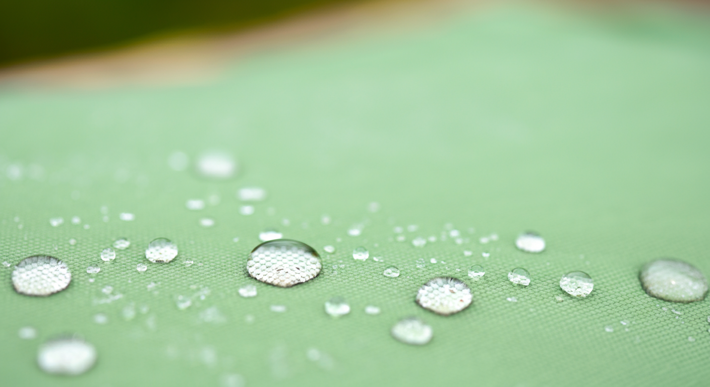 防水加工されたセージグリーンのレジャーシートの上で、水滴が玉のようになっている様子のマクロ撮影。