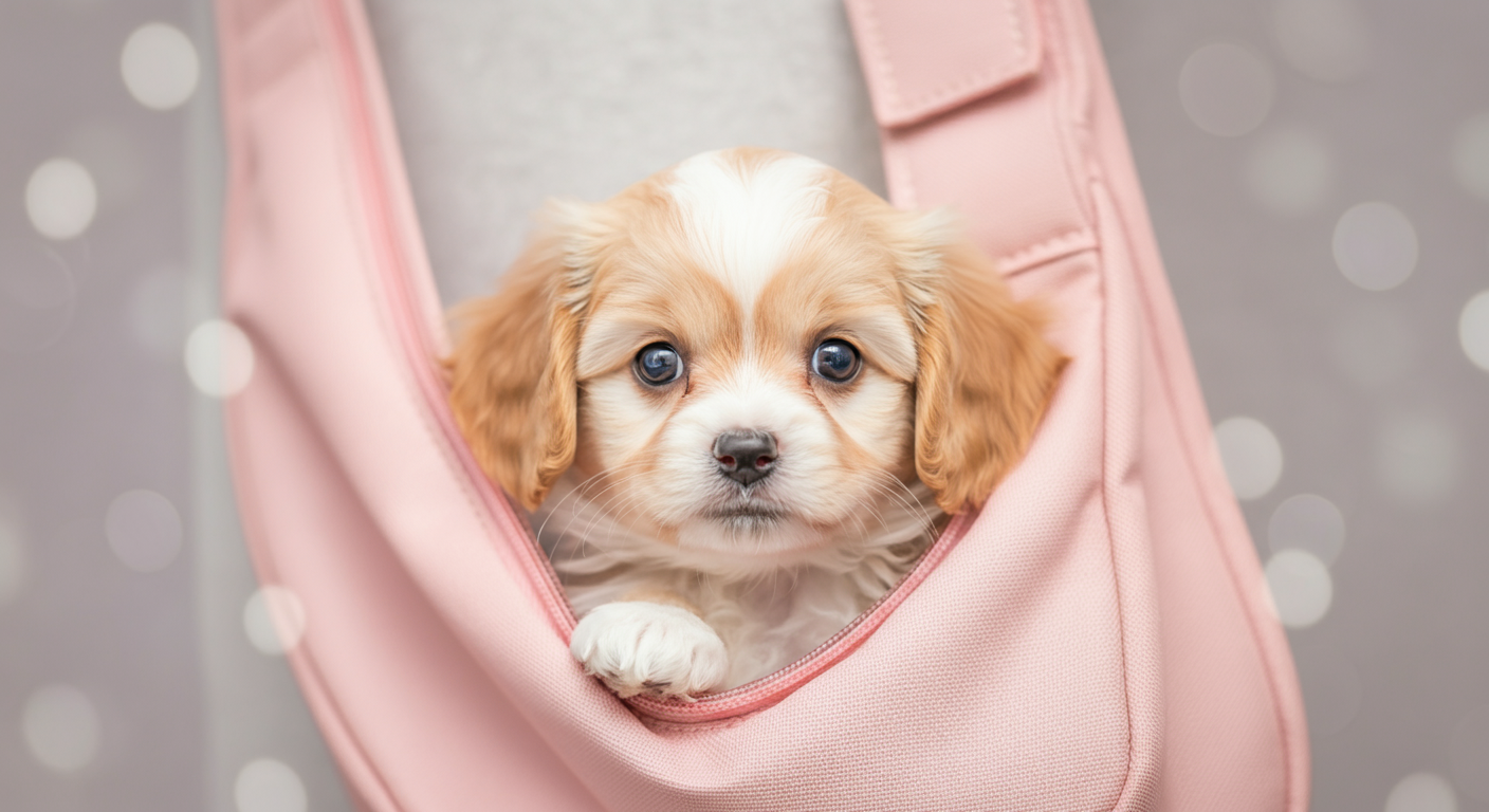 パステルピンクのスリングバッグから顔をのぞかせる、小さくてふわふわの子犬のクローズアップ写真。背景は美しくぼけている。