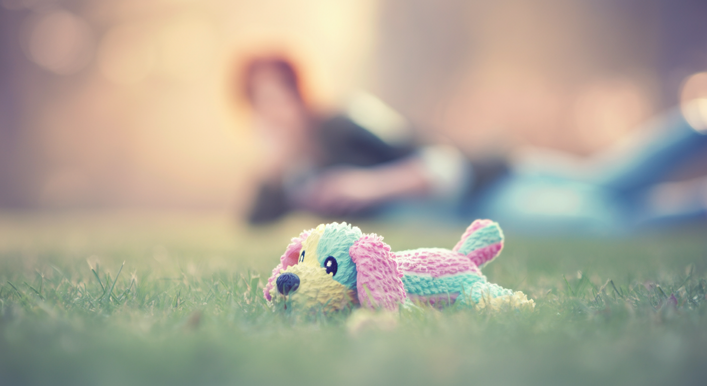 芝生の上に置かれたカラフルな犬のおもちゃ。背景では飼い主が別の物に手を伸ばしている。