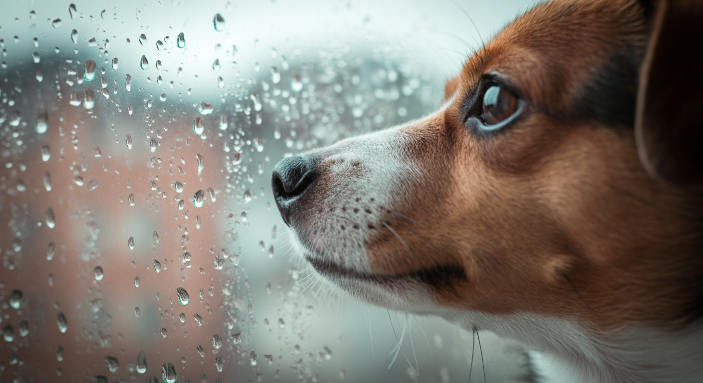 雨粒がついた窓ガラス越しに、外を眺めている一匹の犬。その鼻先がガラスに触れている様子。