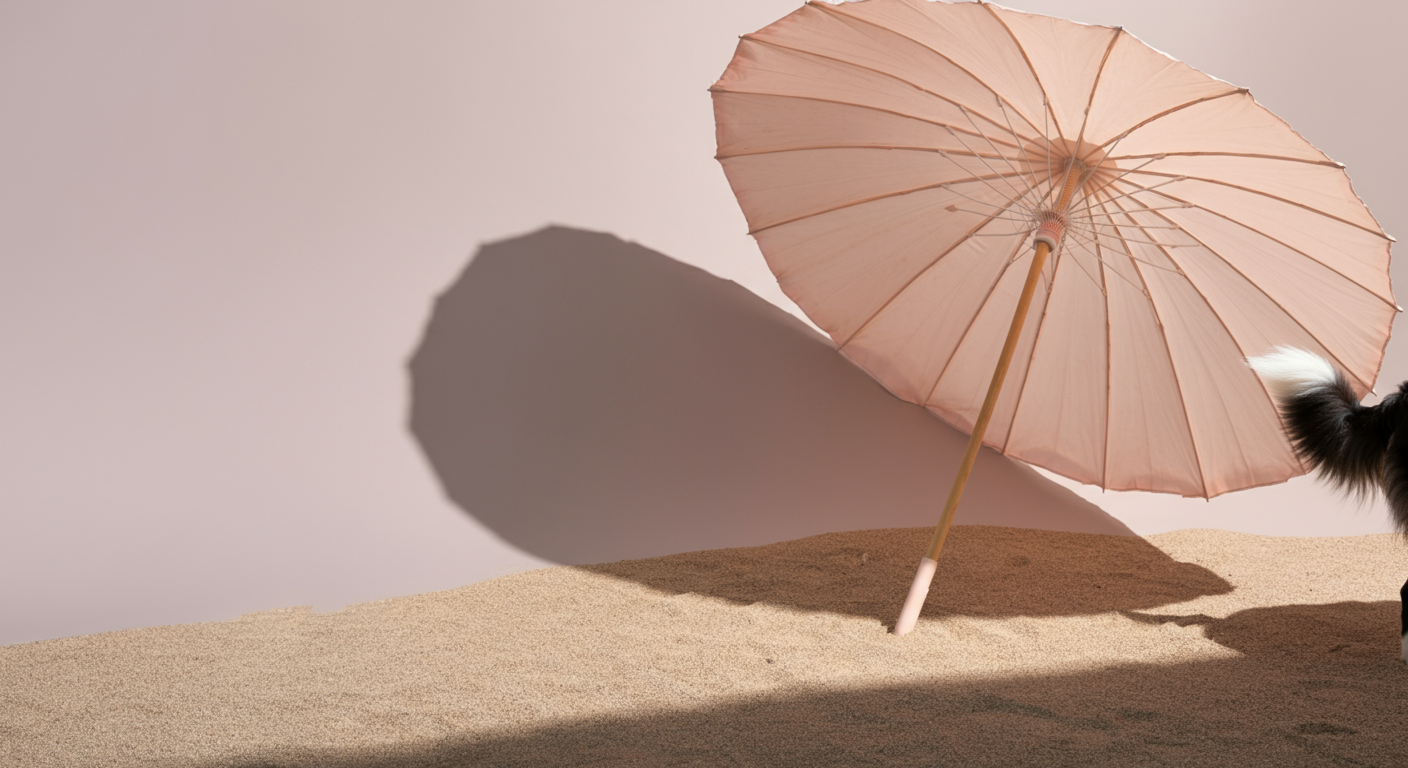 大きなパラソルの影が地面に落ちており、その影の端に犬のしっぽが見えている