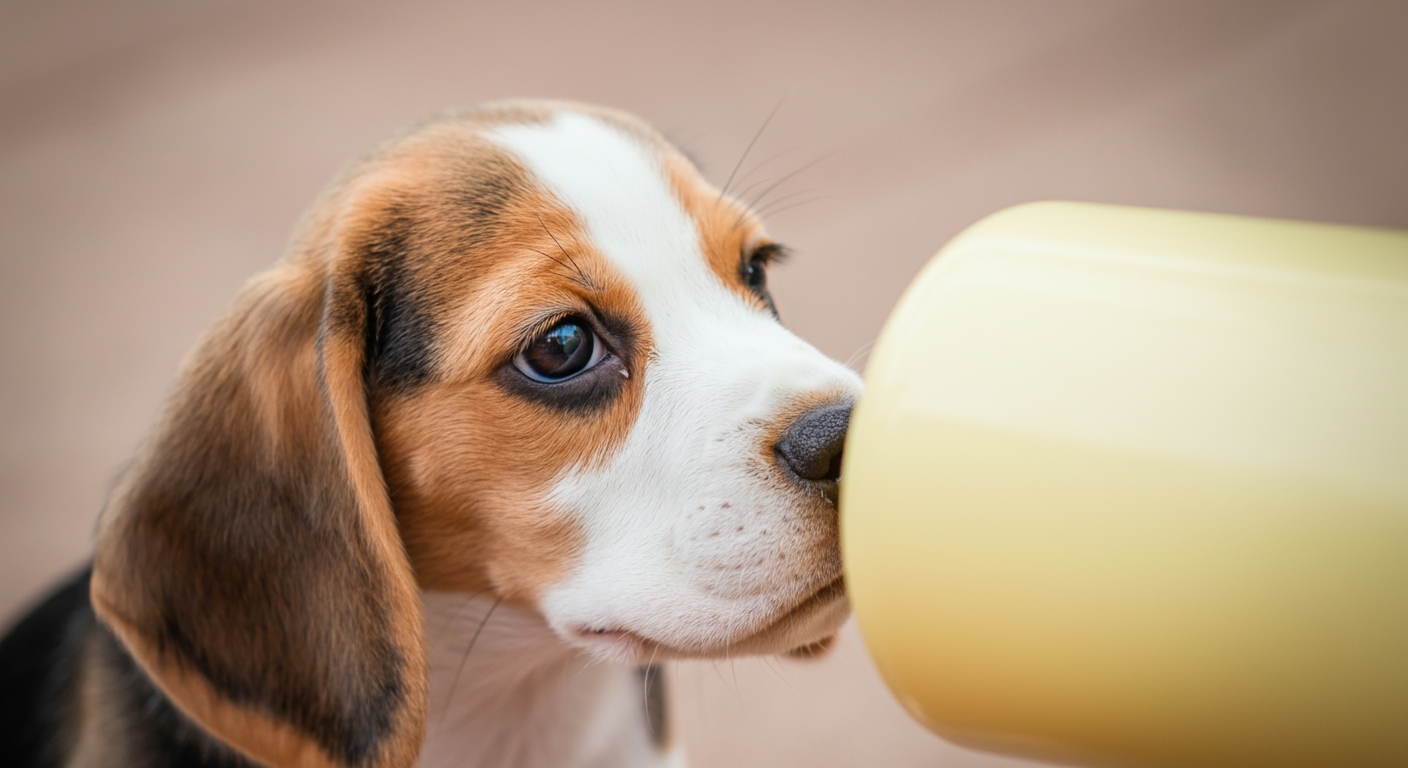 給水ボトルを少し警戒しながらも興味深そうに見つめる子犬の横顔のクローズアップ。