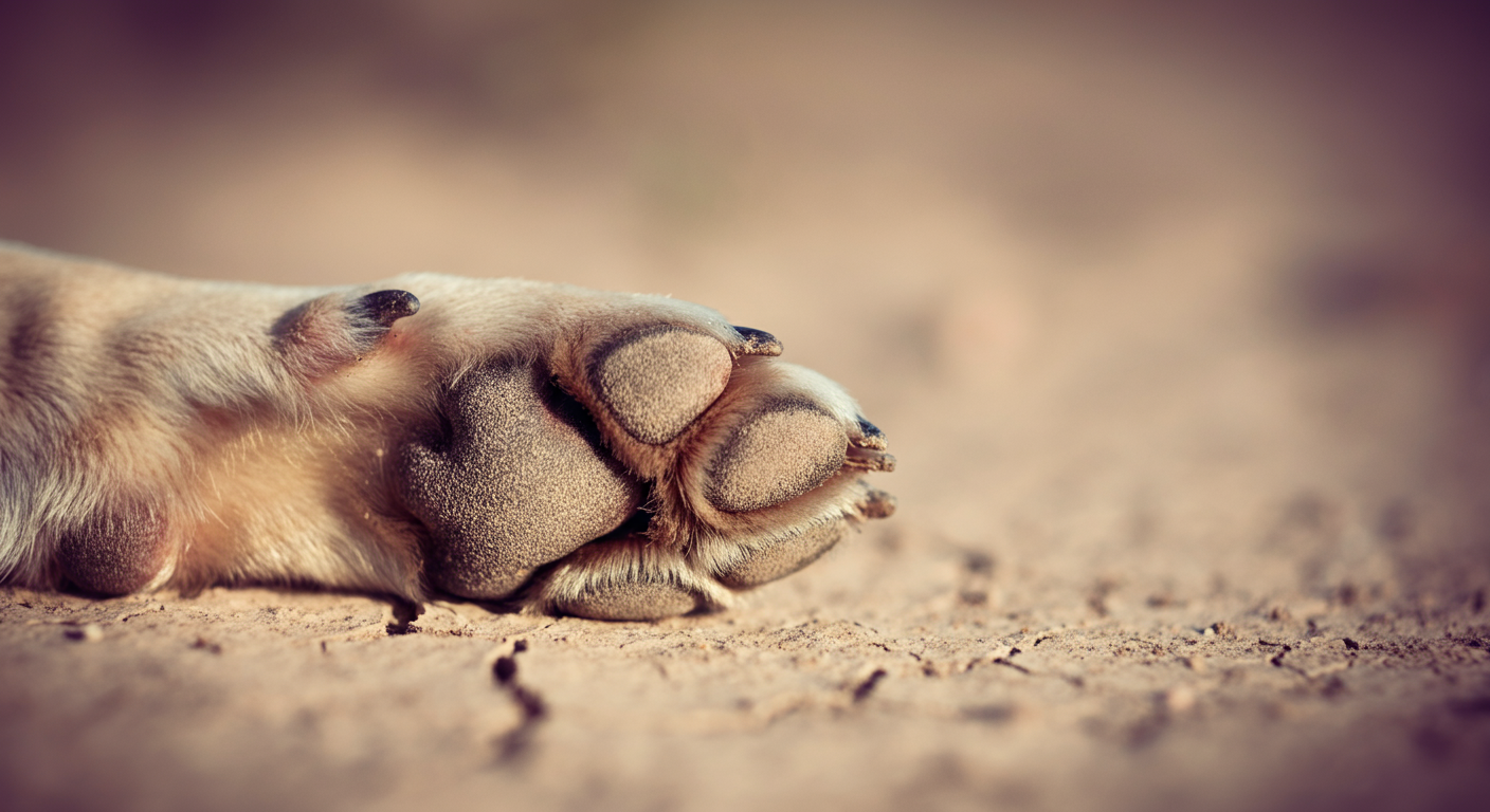 太陽の光が差す乾いた地面に置かれた犬の足先のクローズアップ