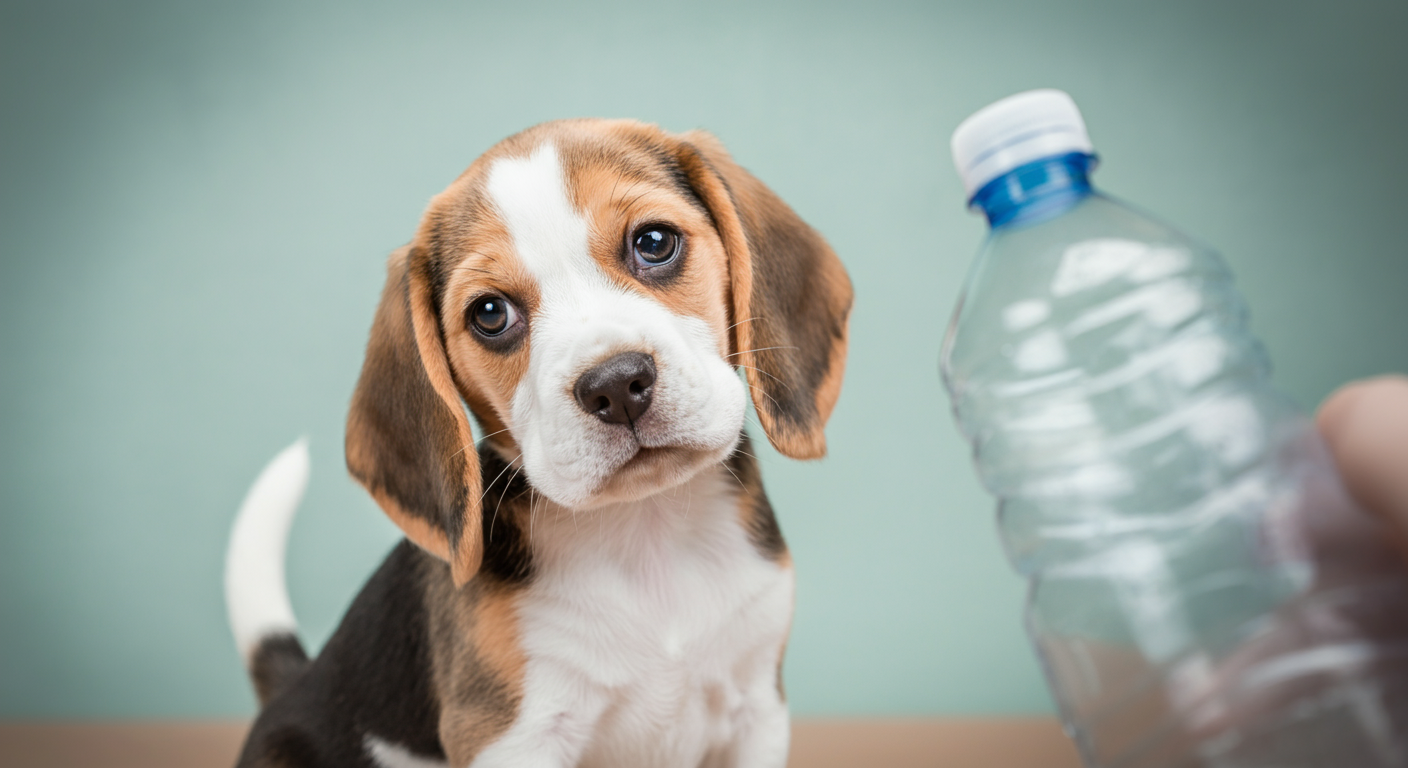給水ボトルを不思議そうに、少し警戒しながら見つめるビーグルの子犬。