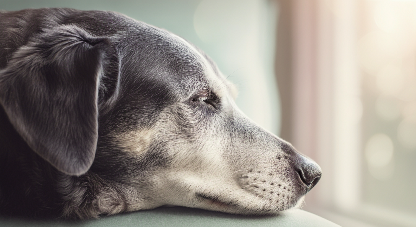 穏やかな表情で眠る、口周りが白くなったシニア犬の横顔。