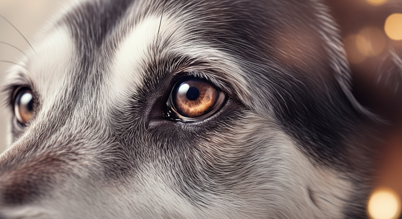 穏やかで賢そうなシニア犬の目のアップ。口周りの白い毛が少し見える。