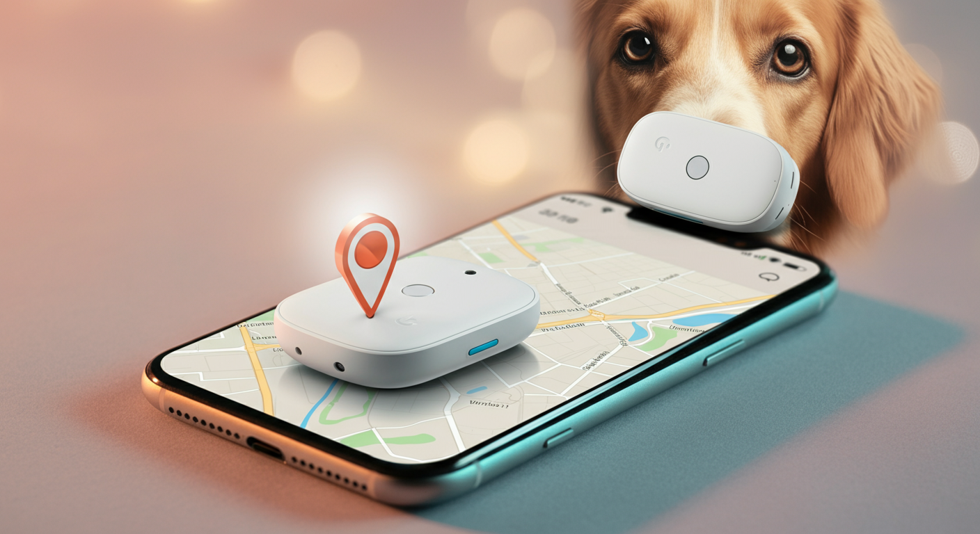 犬の首輪につけられたGPSトラッカー。背景にはスマートフォンの地図アプリがぼんやりと写っている。