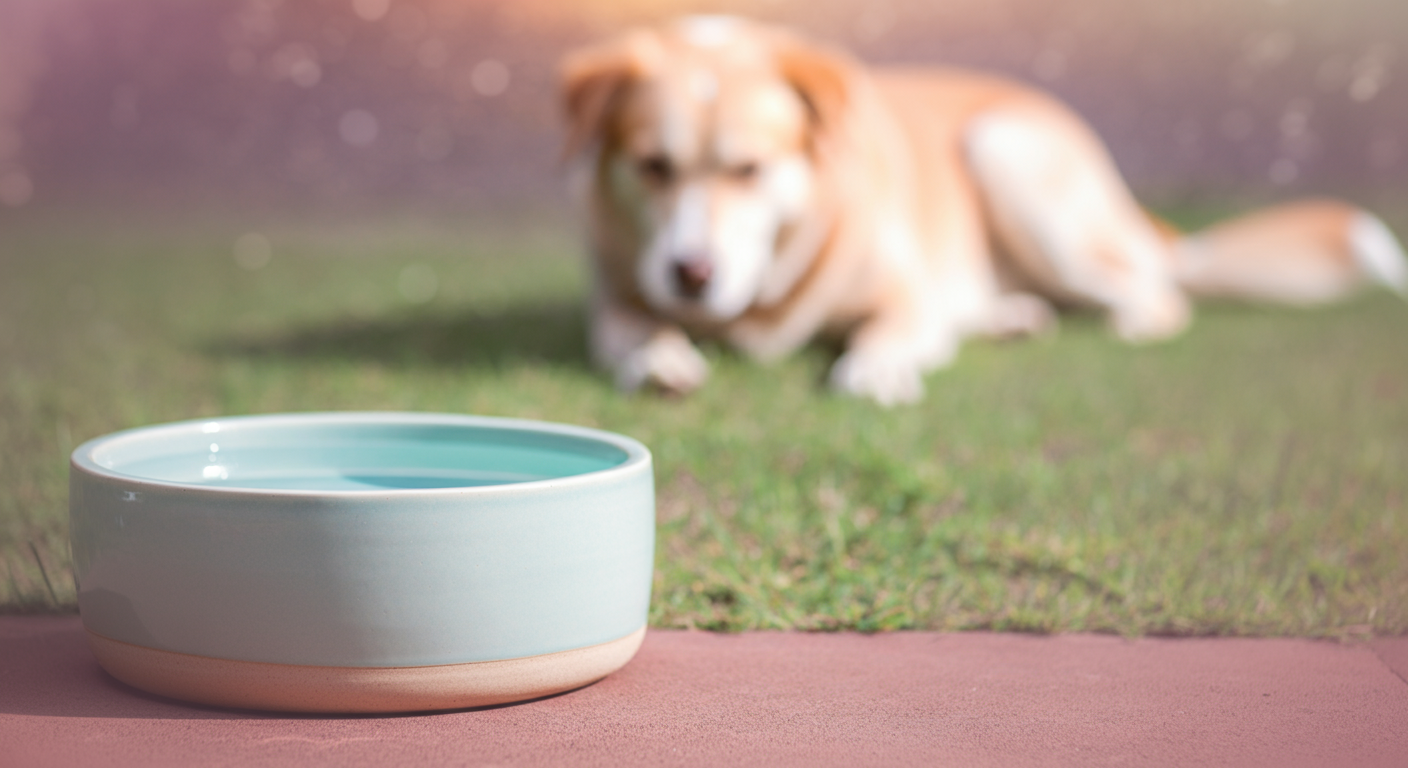 手前に置かれた水飲みボウルと、背景でリラックスして休んでいる犬の様子の写真。