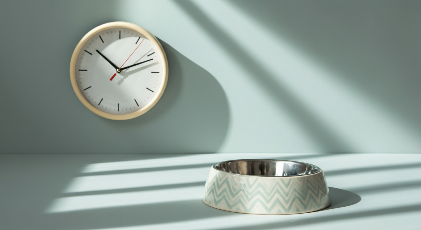 壁掛け時計と犬用のフードボウルが並べられた、ルーティンを象徴するミニマルな写真。