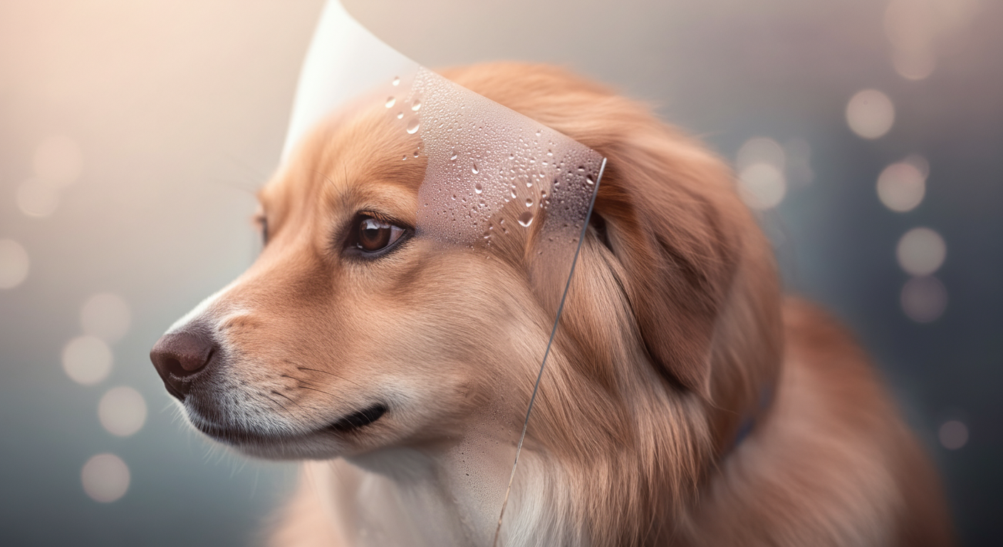 犬の毛皮に当てられた透明な素材の内側に水滴がつき、湿気が閉じ込められている様子を象徴するマクロ写真。