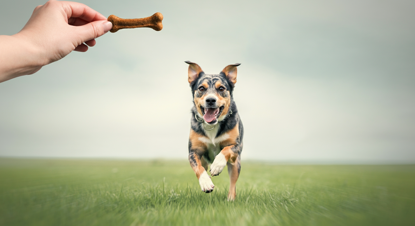 ドッグランで飼い主に向かって全力で走ってくる犬の姿。フレームの隅にはご褒美のおやつを持つ手が見える。