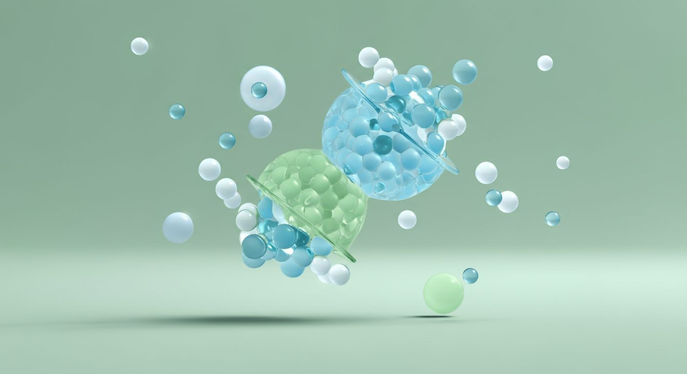 パステルカラーの光る球体がぶつかり合い、消臭プロセスを象徴している抽象的な画像。