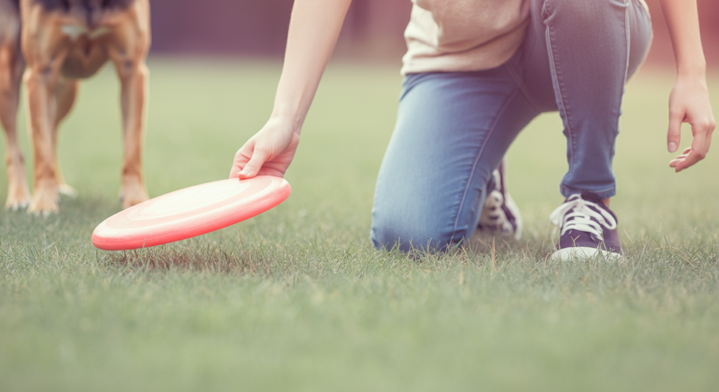 飼い主が芝生の上で膝をつき、犬のためにごく低い位置でフリスビーを構えている。