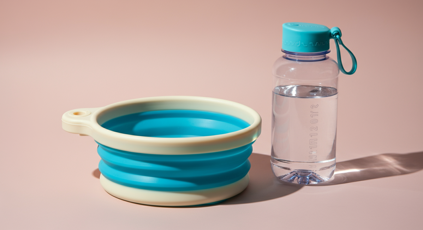 コンパクトに折りたたまれた大きなシリコンボウルと、2リットルのペットボトルが並べられている写真。