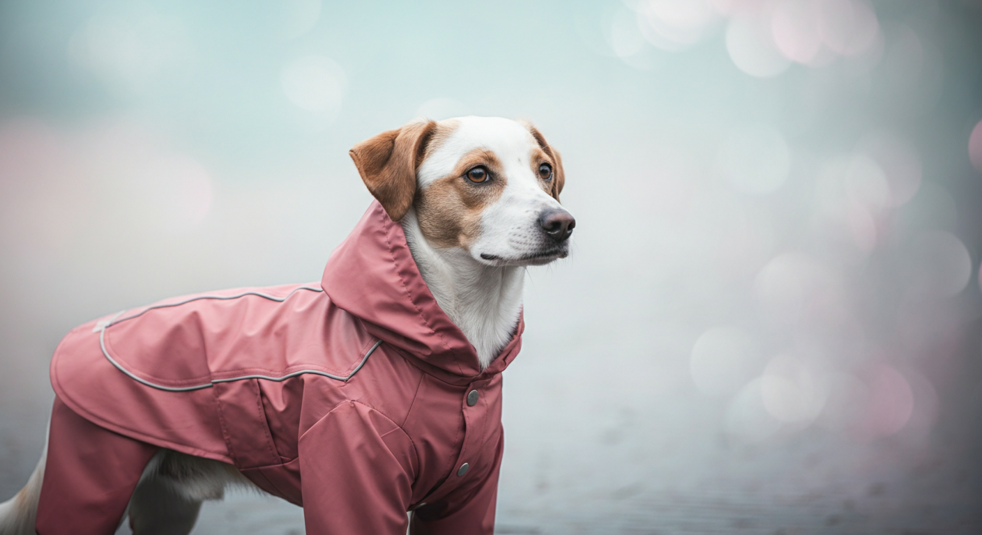 レインコートを着た犬のシルエットにピントが合った写真。体のラインが分かりにくくなっている様子。