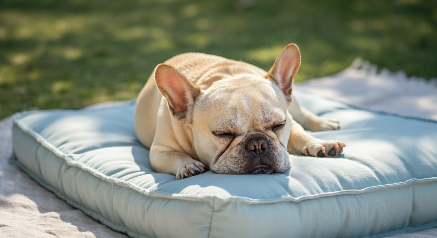 日差しの強い日、木陰に敷かれたレジャーシートの上で、フレンチブルドッグが気持ちよさそうに眠っている。