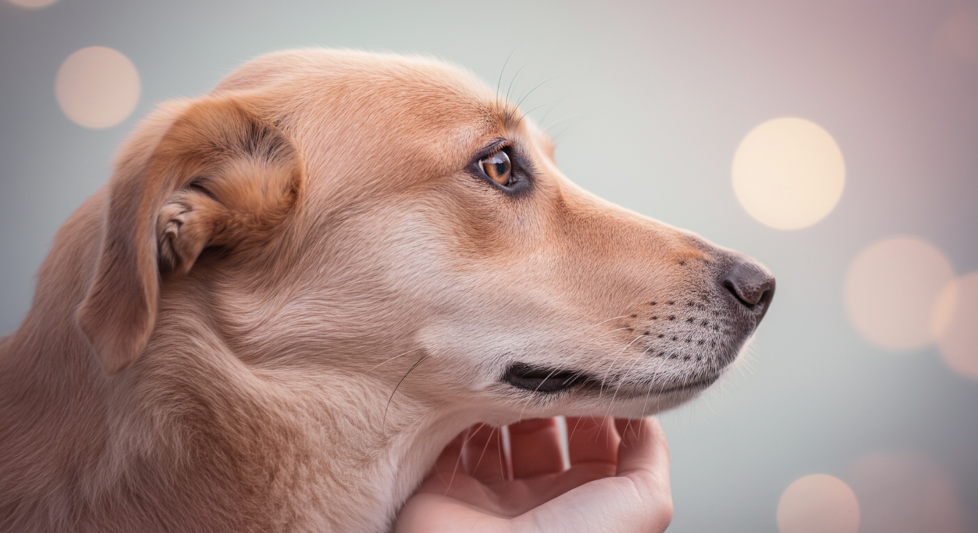飼い主の手に優しく撫でられ、安心した表情を浮かべる犬の横顔のクローズアップ。