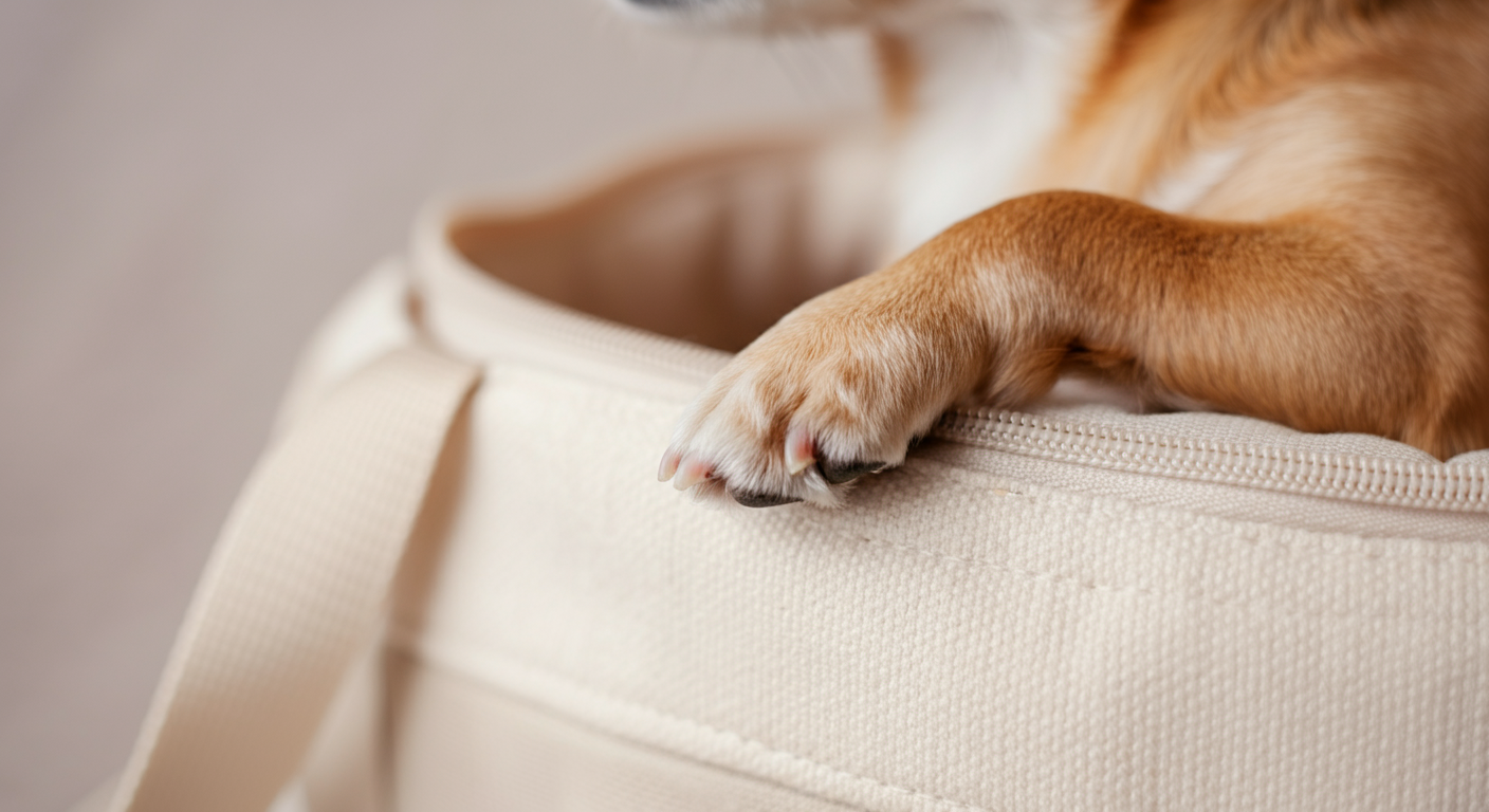 パステルカラーの柔らかなキャリーバッグの縁にちょこんと置かれた、小さな犬の前足のクローズアップ。