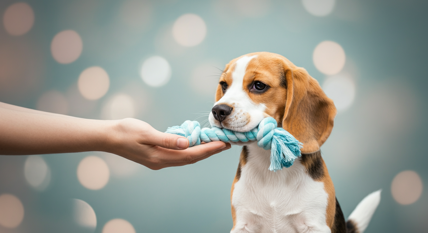飼い主の開かれた手に、犬がおもちゃをそっと乗せようとしている。