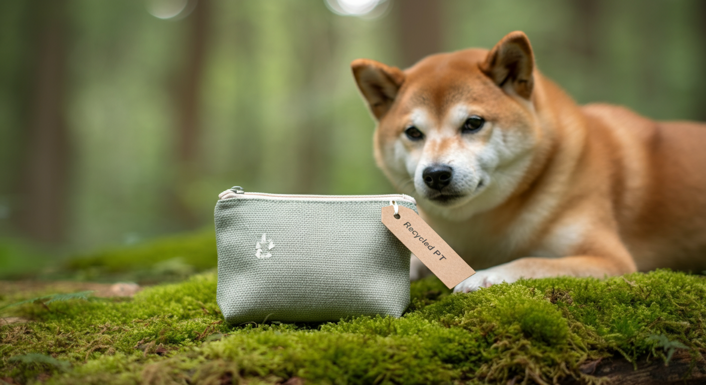 リサイクル素材で作られたマナーポーチのクローズアップ。「Recycled PET」と書かれたタグが見える。背景には青々とした苔が広がっている。