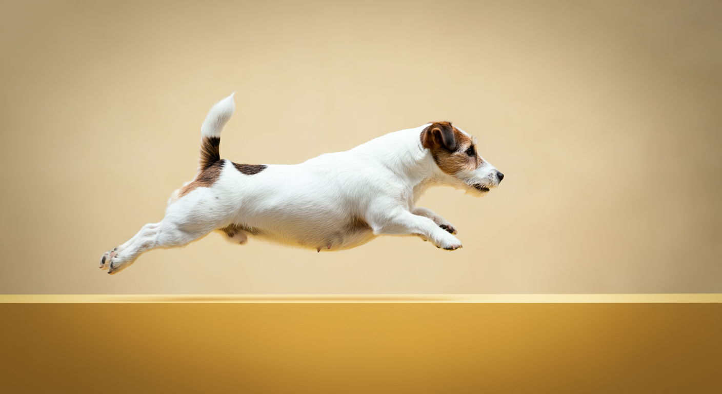 パステルカラーの背景で、ジャックラッセルテリアがジャンプしている瞬間の抽象的な写真。力強い後ろ足に焦点が合っている。