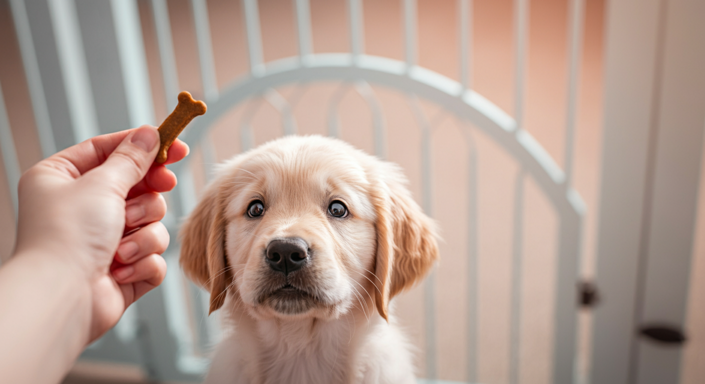 パステルカラーの背景の中、ドッグランの入り口の前でトリーツを持つ飼い主の手をじっと見つめる一匹の子犬。